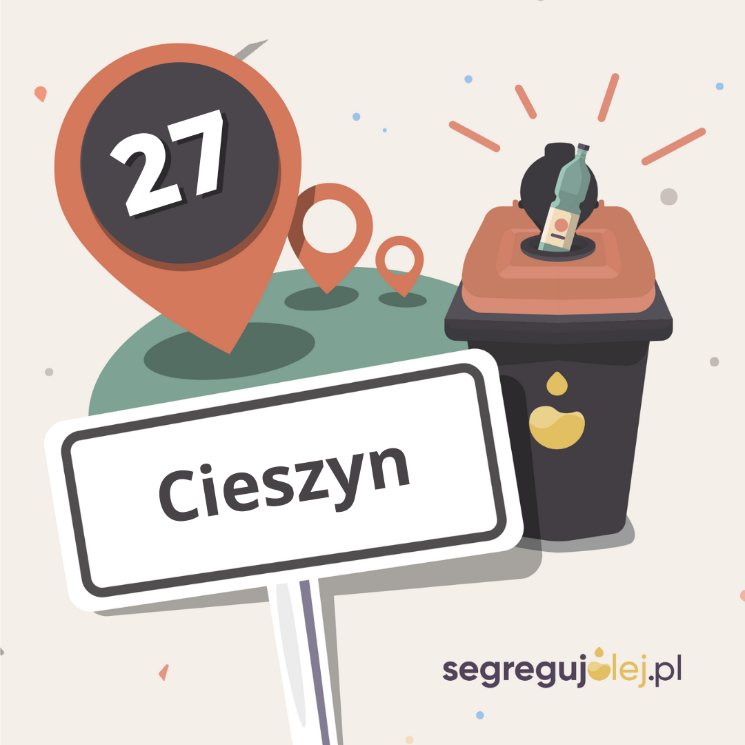 Grafika promująca segregację olejów jadalnych. Znajduje się na niej pojemnik do segregacji, pinezka z liczbą